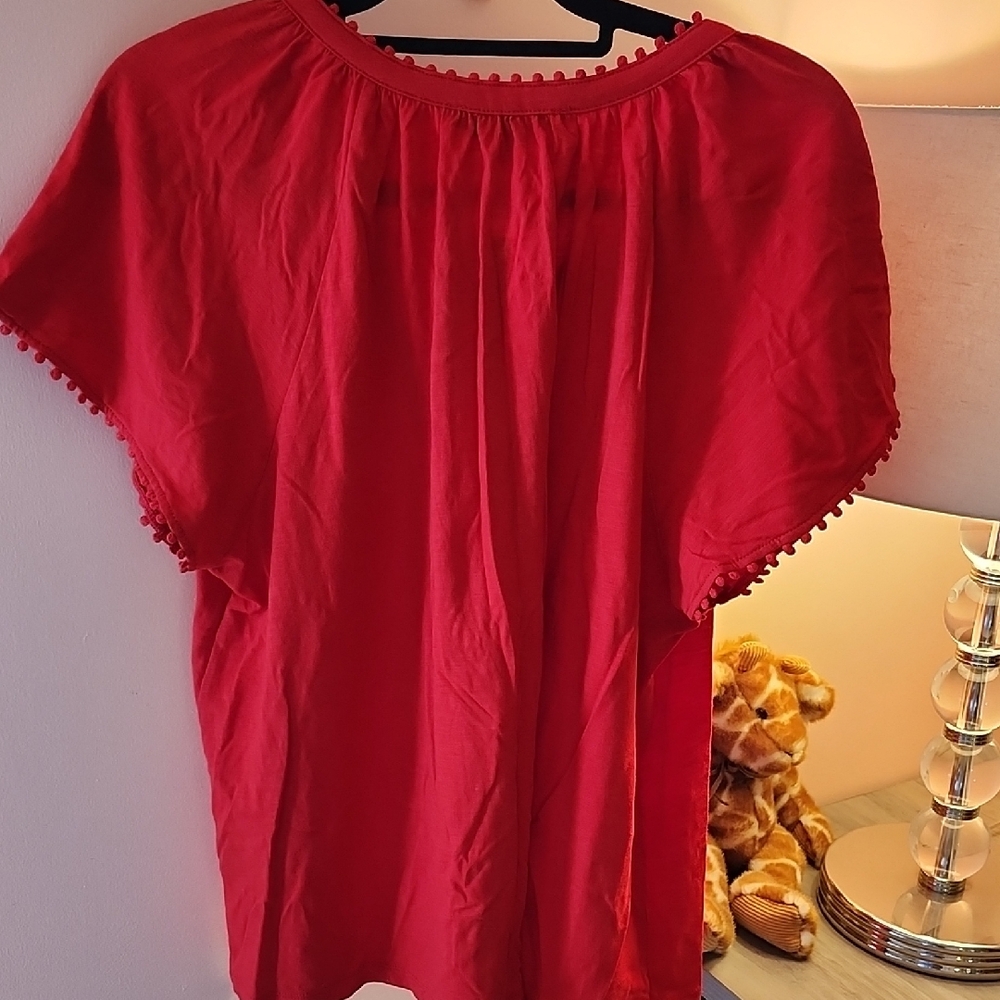 Tommy Hilfiger Red Blouse with Pom-Pom Trim - Picture 5 of 6